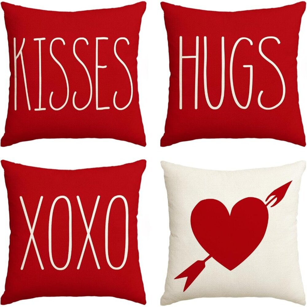 Valentine's Day Saying Throw Pillow Cover, 18 x 18 Inch Holiday Kisses Hugs XOXO